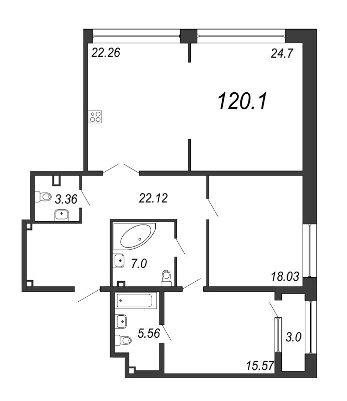 3-комнатная (Евро) квартира, 120.1 м² - планировка, фото №1