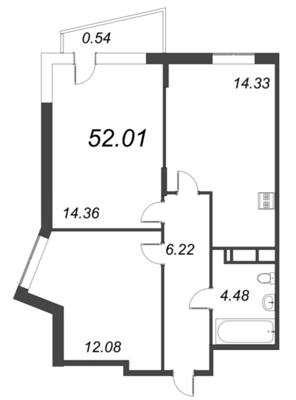 2-комнатная квартира, 52.01 м² - планировка, фото №1