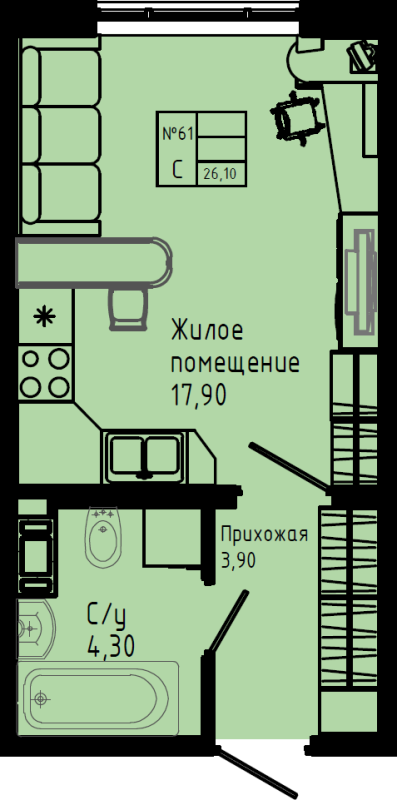 Квартира-студия, 26.1 м² в ЖК "Pixel" - планировка, фото №1