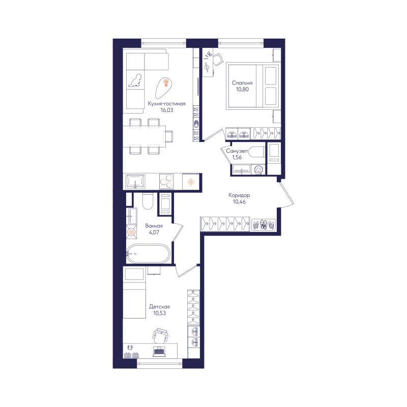 3-комнатная (Евро) квартира, 53.45 м² в ЖК "Кронунг Янино" - планировка, фото №1