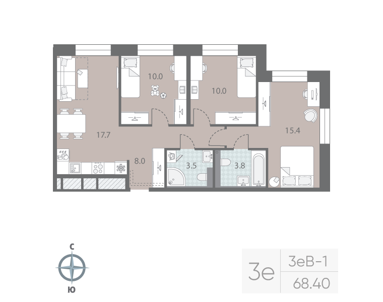 4-комнатная (Евро) квартира, 68.4 м² в ЖК "Большая Охта" - планировка, фото №1