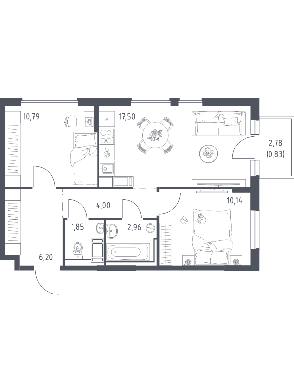 3-комнатная (Евро) квартира, 53.88 м² в ЖК "Новое Колпино" - планировка, фото №1