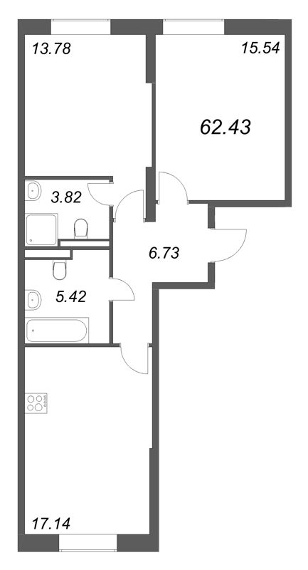 3-комнатная (Евро) квартира, 62.43 м² в ЖК "Цивилизация на неве" - планировка, фото №1