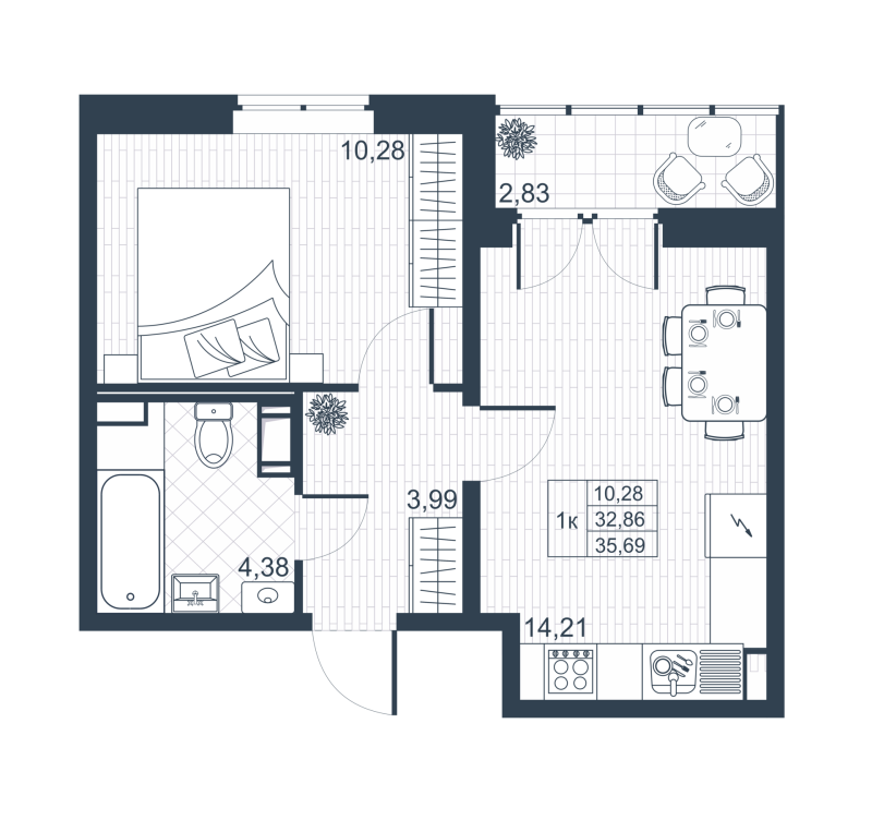 1-комнатная квартира, 34.28 м² в ЖК "Ново-Антропшино" - планировка, фото №1