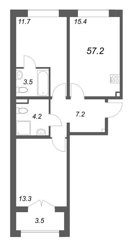 3-комнатная (Евро) квартира, 57.2 м² в ЖК "Пулково Lake" - планировка, фото №1