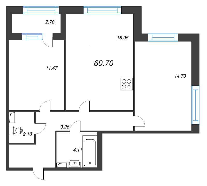 3-комнатная (Евро) квартира, 60.7 м² в ЖК "Б15" - планировка, фото №1