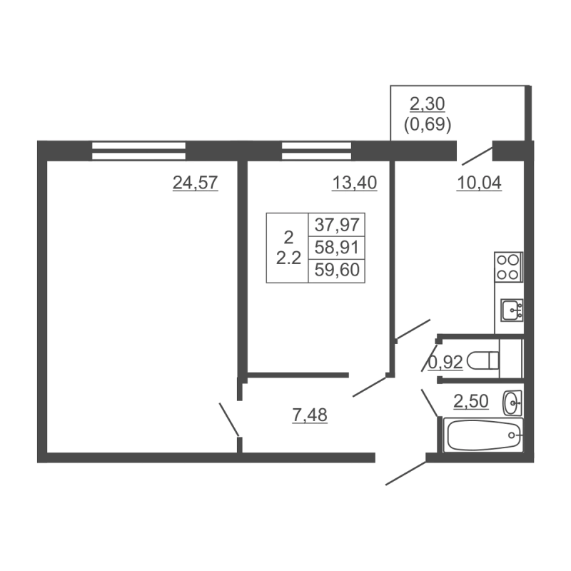 2-комнатная квартира, 59.6 м² в ЖК "Тандем" - планировка, фото №1