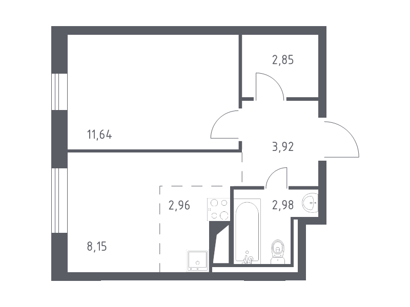 1-комнатная квартира, 32.5 м² - планировка, фото №1
