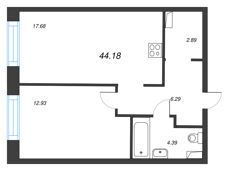 2-комнатная (Евро) квартира, 44.18 м² в ЖК "Остров Первых" - планировка, фото №1