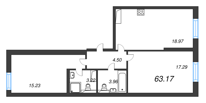 3-комнатная (Евро) квартира, 63.17 м² в ЖК "Цивилизация на неве" - планировка, фото №1