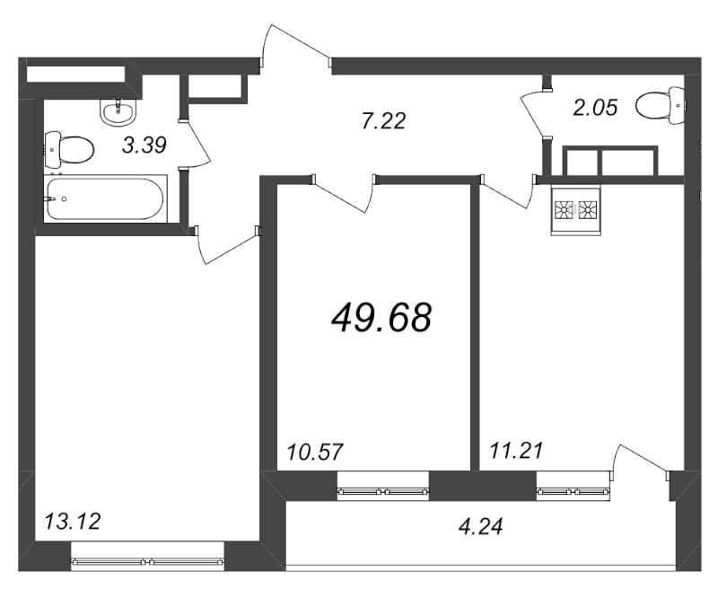 2-комнатная квартира, 49.68 м² - планировка, фото №1