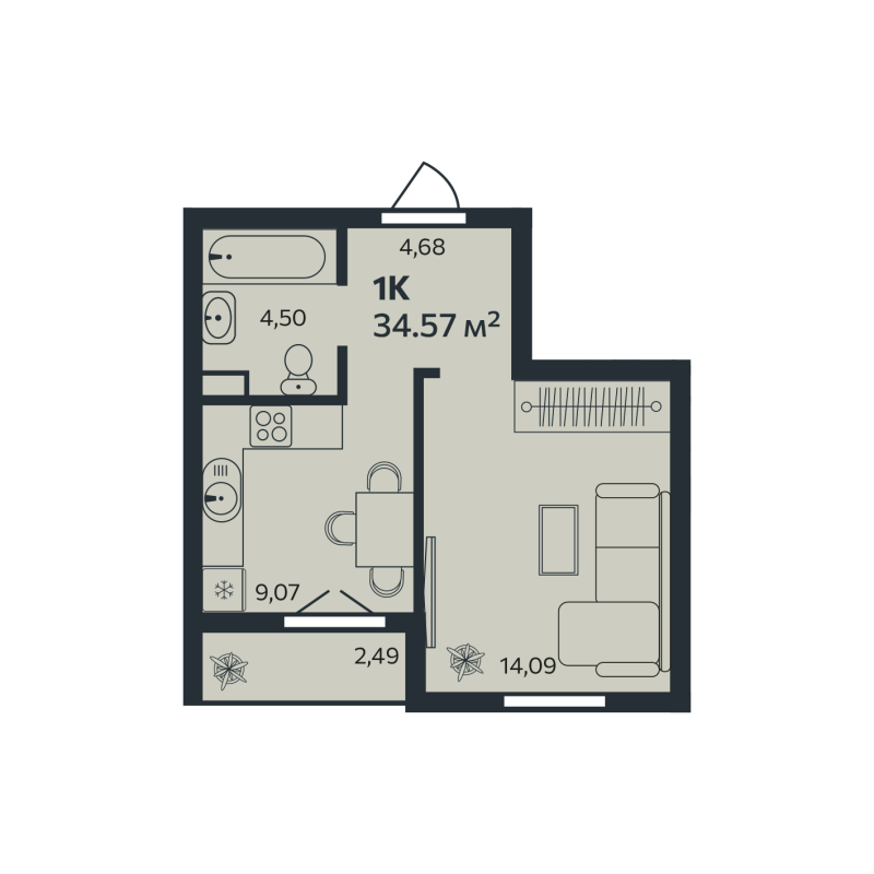 1-комнатная квартира, 34.57 м² в ЖК "Эдельвейс.Янино" - планировка, фото №1