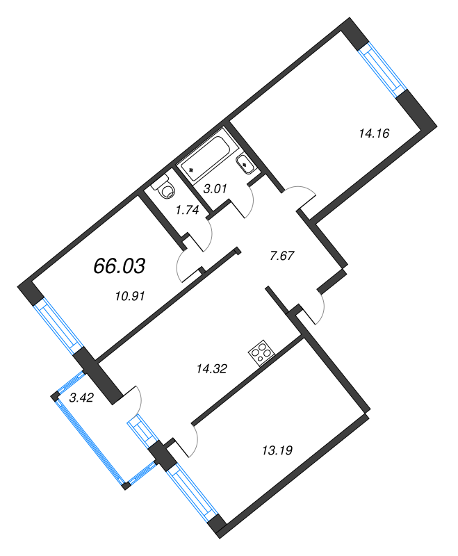 3-комнатная квартира, 66.03 м² - планировка, фото №1