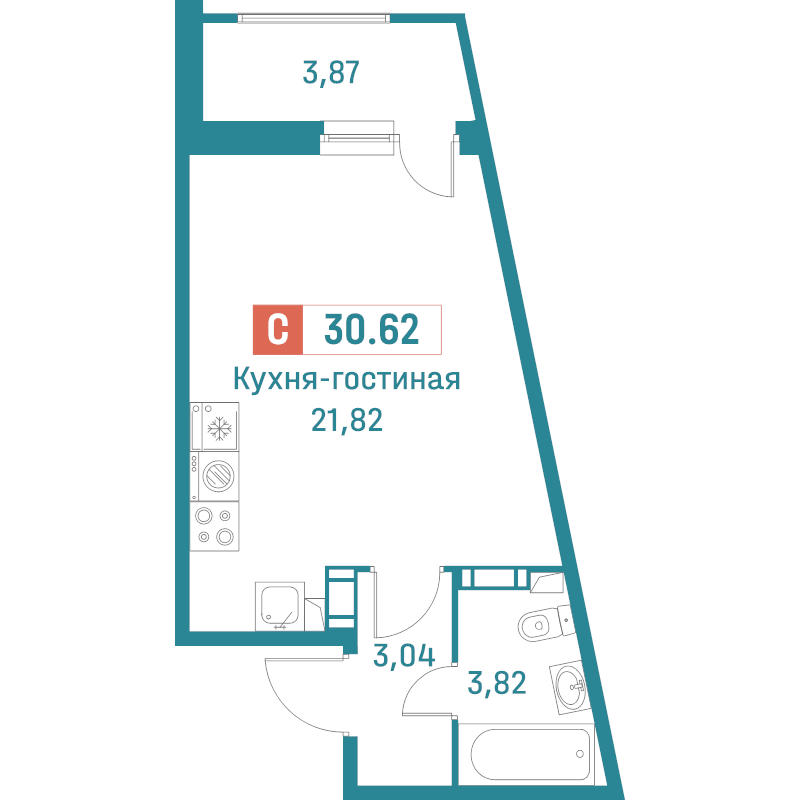 Квартира-студия, 30.62 м² в ЖК "Графика" - планировка, фото №1