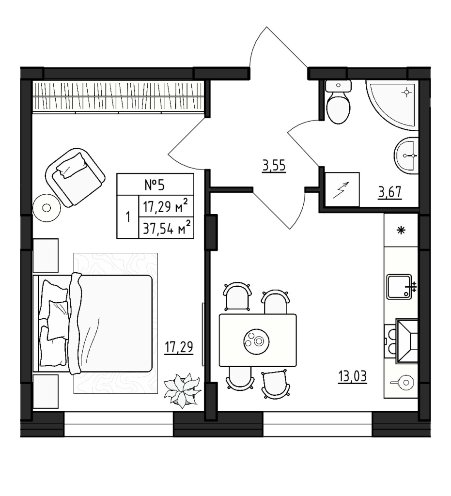 1-комнатная квартира, 37.54 м² - планировка, фото №1