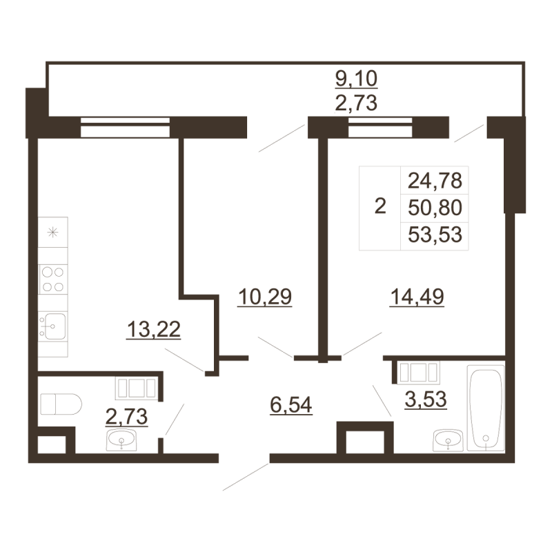 2-комнатная квартира, 53.53 м² в ЖК "Перспектива" - планировка, фото №1