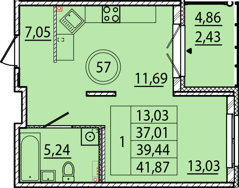 1-комнатная квартира, 37.01 м² - планировка, фото №1