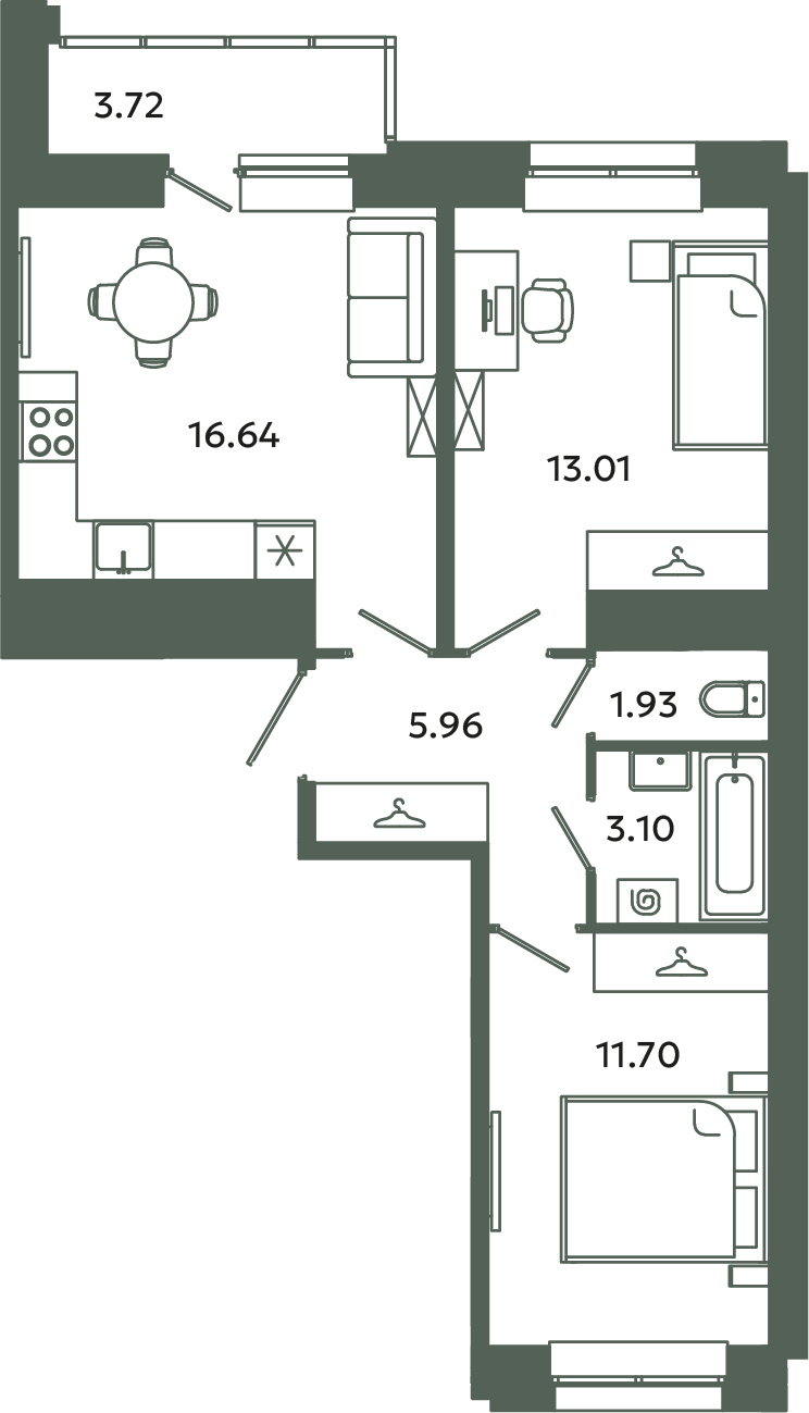 3-комнатная (Евро) квартира, 54.2 м² в ЖК "Загляденье" - планировка, фото №1