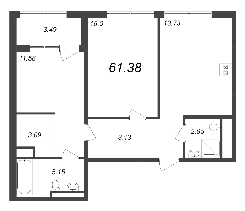 2-комнатная квартира, 61.38 м² - планировка, фото №1