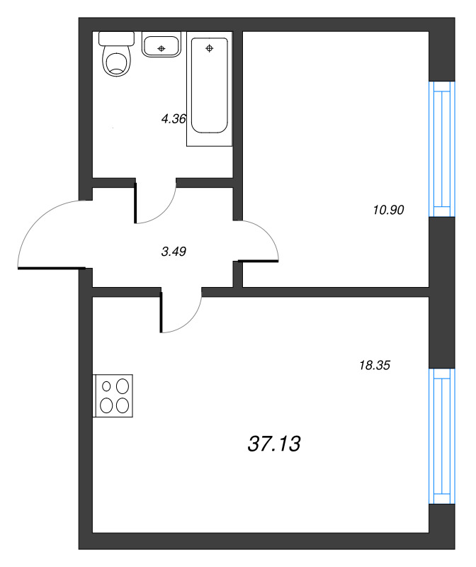2-комнатная (Евро) квартира, 37.13 м² - планировка, фото №1