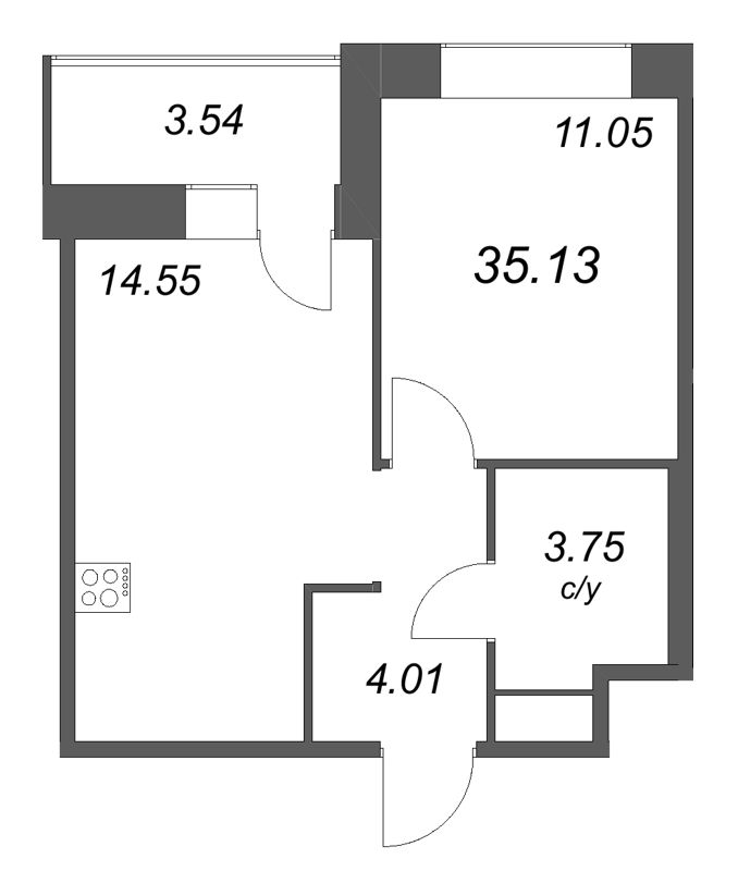 1-комнатная квартира, 35.13 м² в ЖК "Уютный" - планировка, фото №1