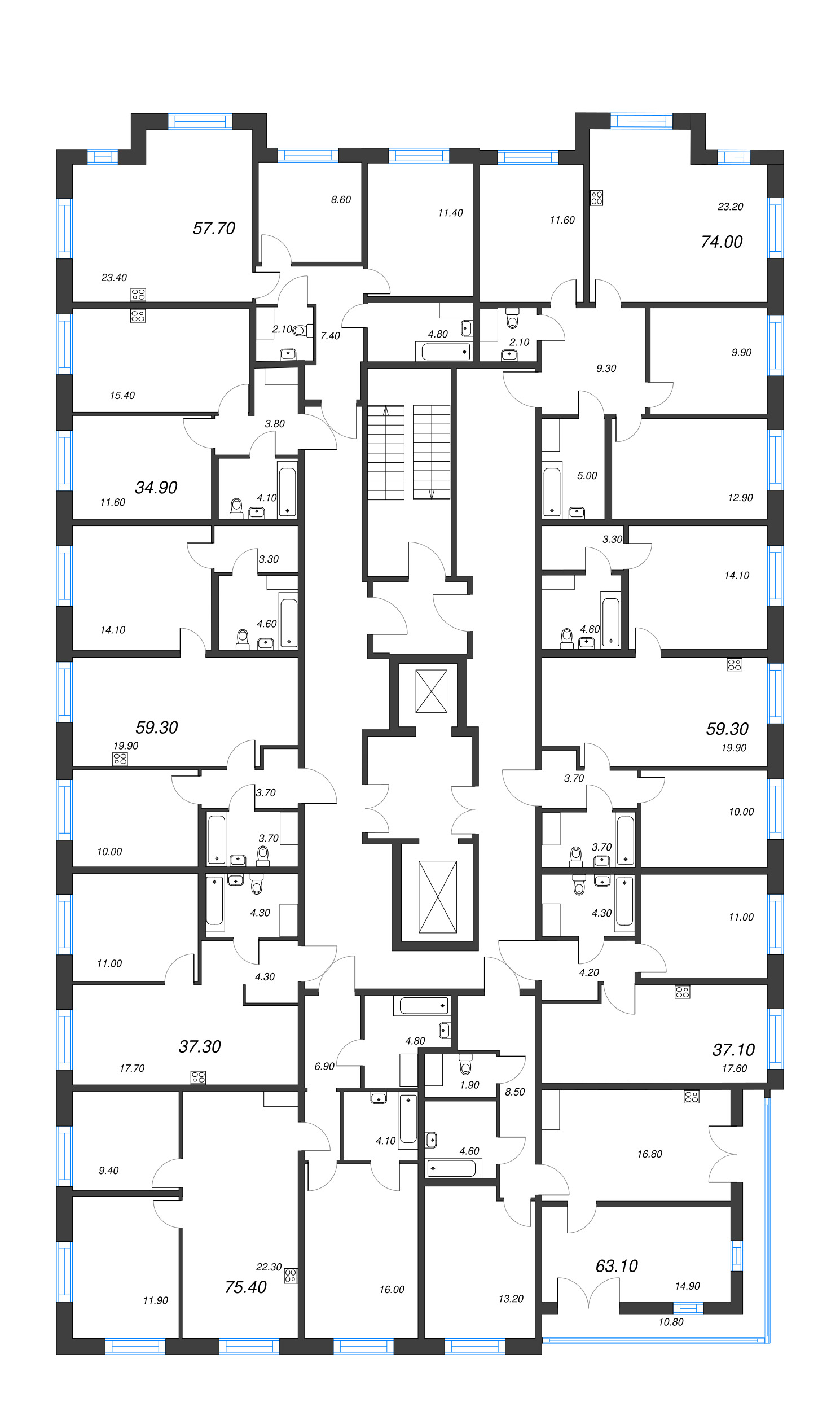 2-комнатная (Евро) квартира, 37.1 м² - планировка этажа