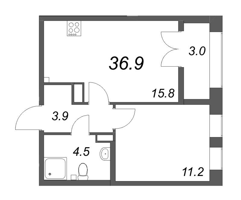 2-комнатная (Евро) квартира, 36.9 м² в ЖК "NewПитер 2.0" - планировка, фото №1