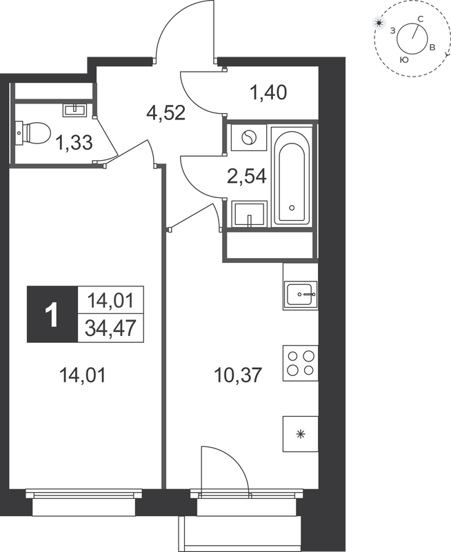 1-комнатная квартира, 34.47 м² в ЖК "Слобода" - планировка, фото №1