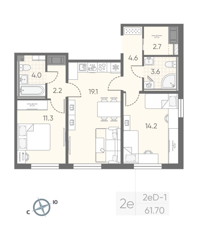 2-комнатная (Евро) квартира, 61.7 м² - планировка, фото №1