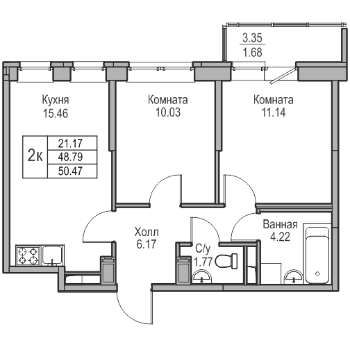 3-комнатная (Евро) квартира, 50.47 м² в ЖК "Юнтолово" - планировка, фото №1