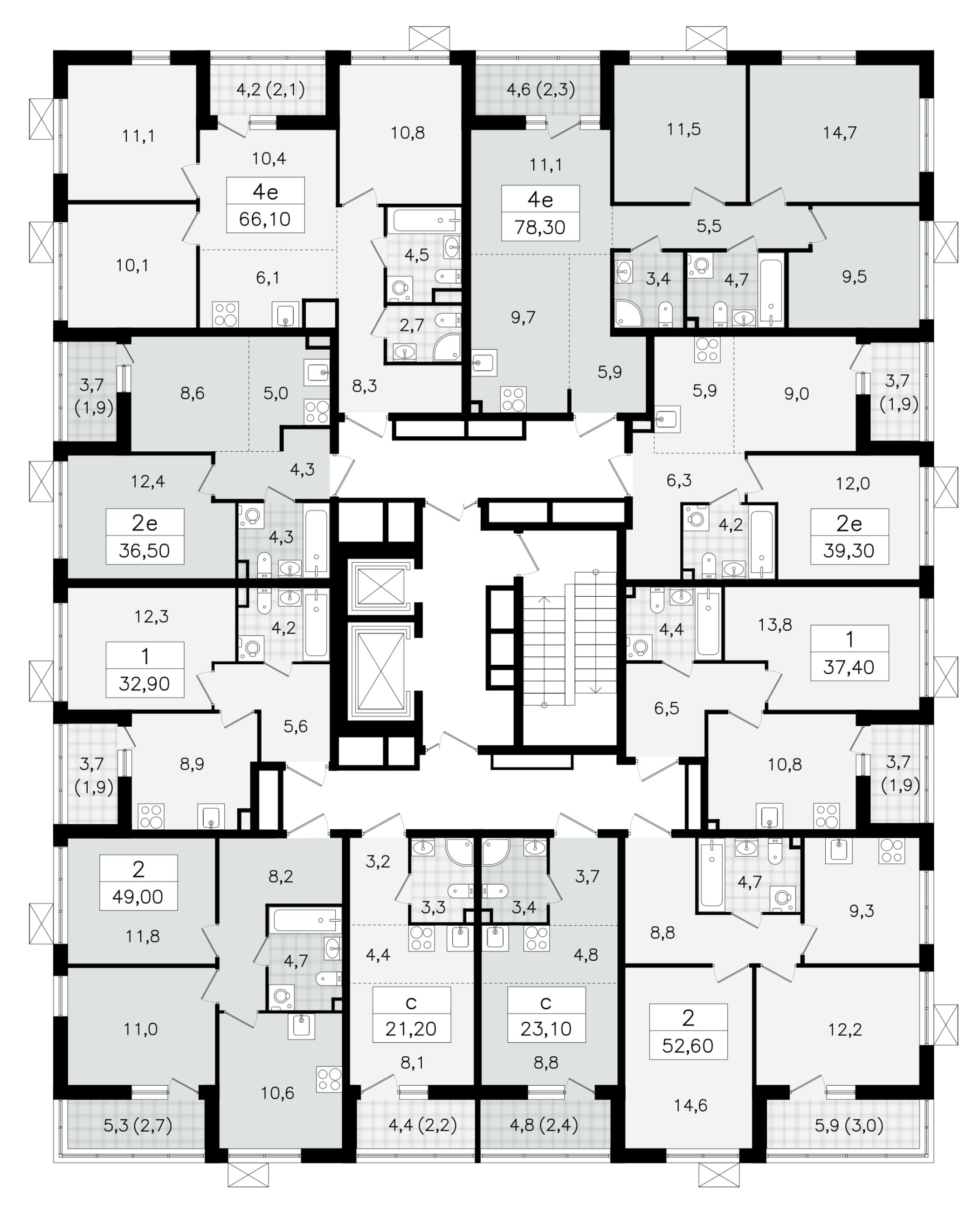4-комнатная (Евро) квартира, 66.1 м² - планировка этажа