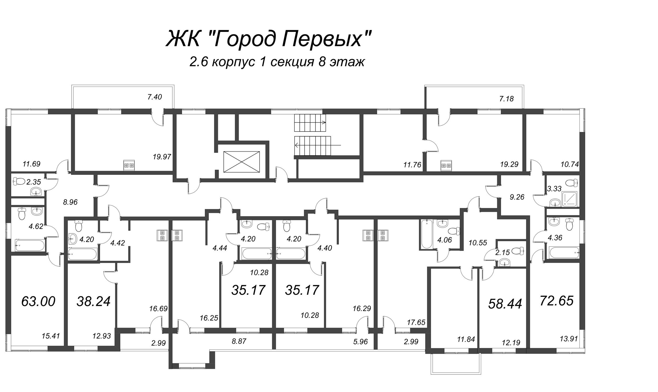 3-комнатная (Евро) квартира, 58.44 м² - планировка этажа