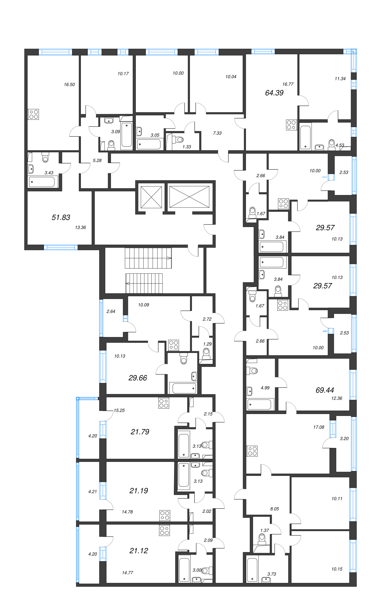 4-комнатная (Евро) квартира, 69.44 м² - планировка этажа