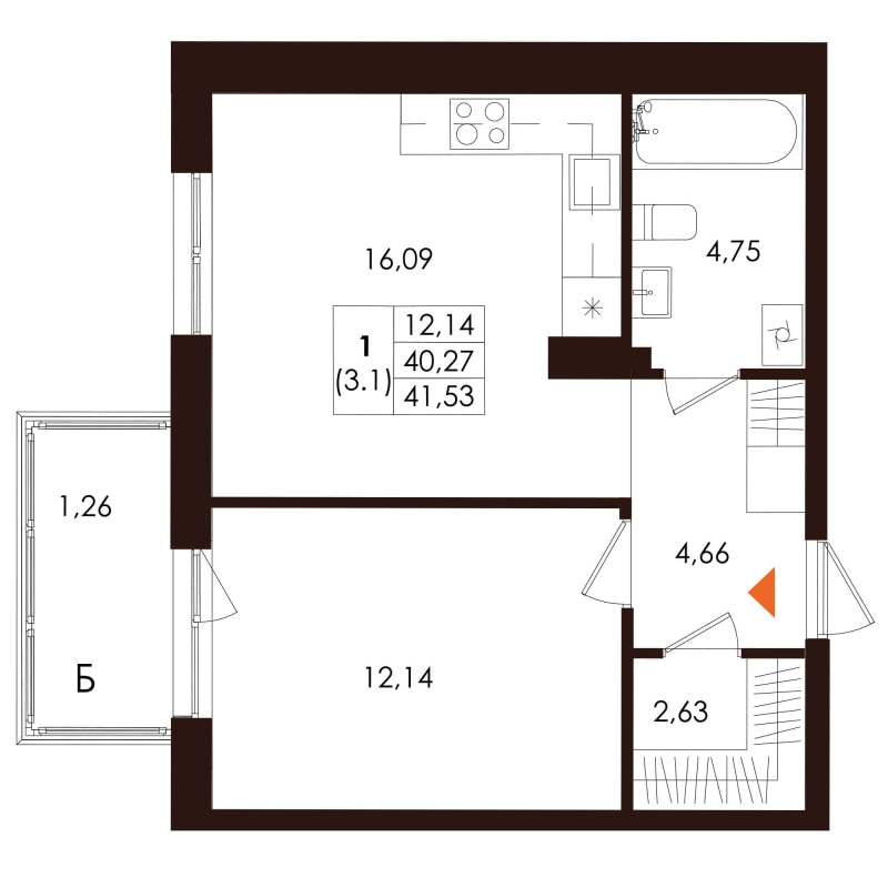 2-комнатная (Евро) квартира, 41.53 м² - планировка, фото №1