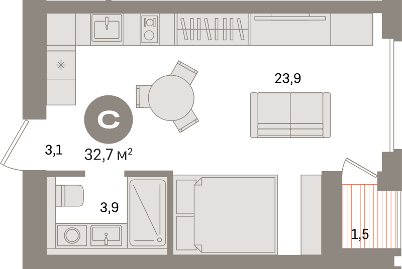 Квартира-студия, 32.1 м² в ЖК "Северный ветер" - планировка, фото №1