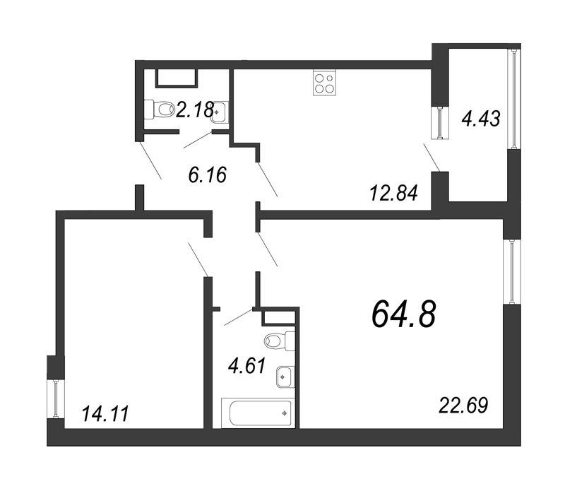 2-комнатная квартира, 64.9 м² - планировка, фото №1