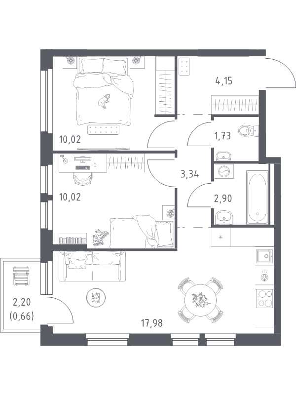 3-комнатная (Евро) квартира, 50.8 м² в ЖК "Невская Долина" - планировка, фото №1