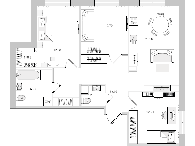 4-комнатная (Евро) квартира, 79.72 м² - планировка, фото №1