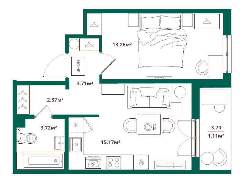 2-комнатная (Евро) квартира, 39.34 м² - планировка, фото №1