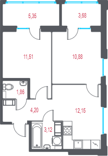 2-комнатная квартира, 46.43 м² в ЖК "Город-спутник Южный" - планировка, фото №1