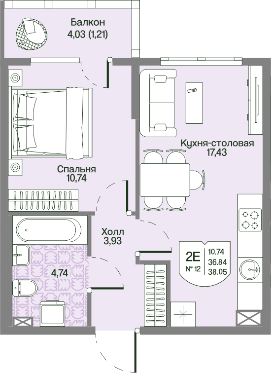 2-комнатная (Евро) квартира, 38.05 м² в ЖК "Охтинские высоты" - планировка, фото №1