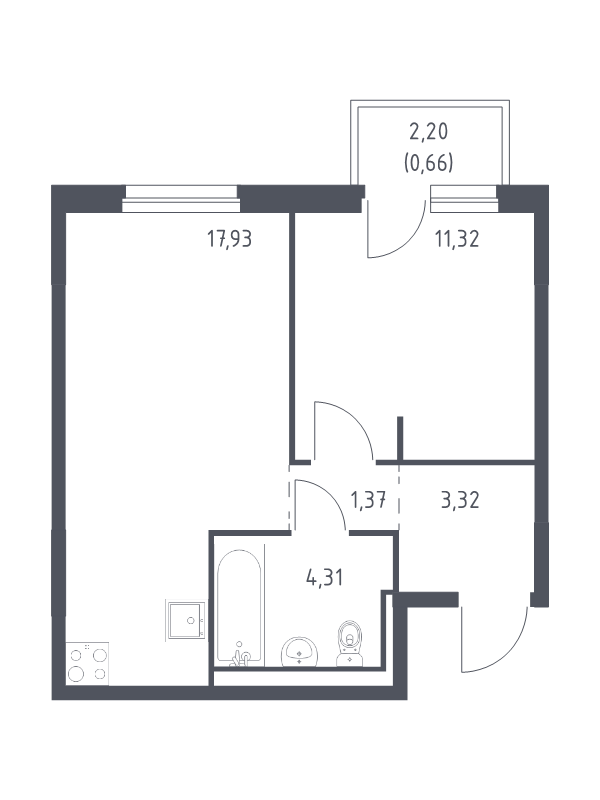 2-комнатная (Евро) квартира, 38.91 м² в ЖК "Невская Долина" - планировка, фото №1