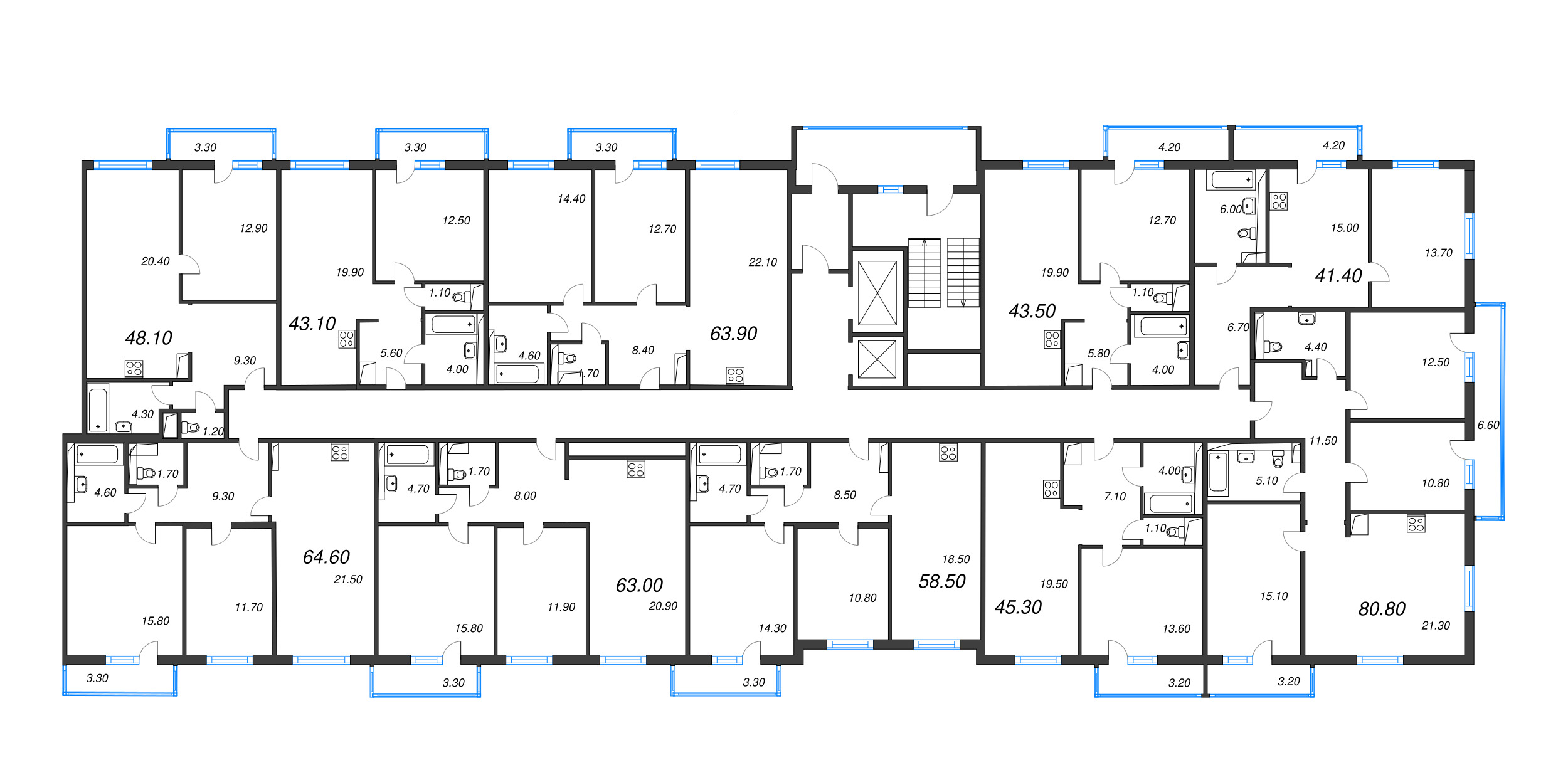3-комнатная (Евро) квартира, 64.6 м² в ЖК "Руднева 15" - планировка этажа