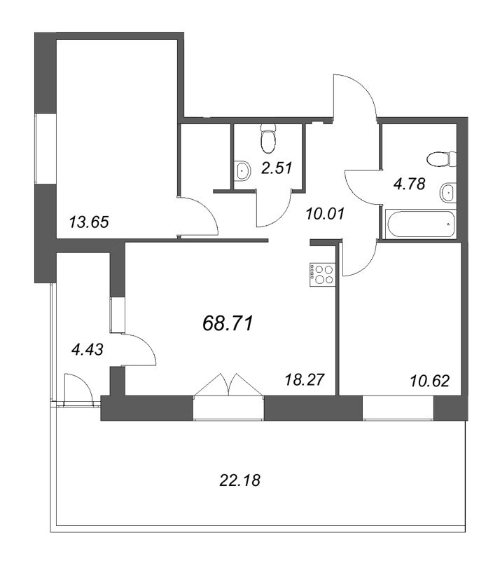 3-комнатная (Евро) квартира, 68.71 м² в ЖК "Ranta Residence" - планировка, фото №1