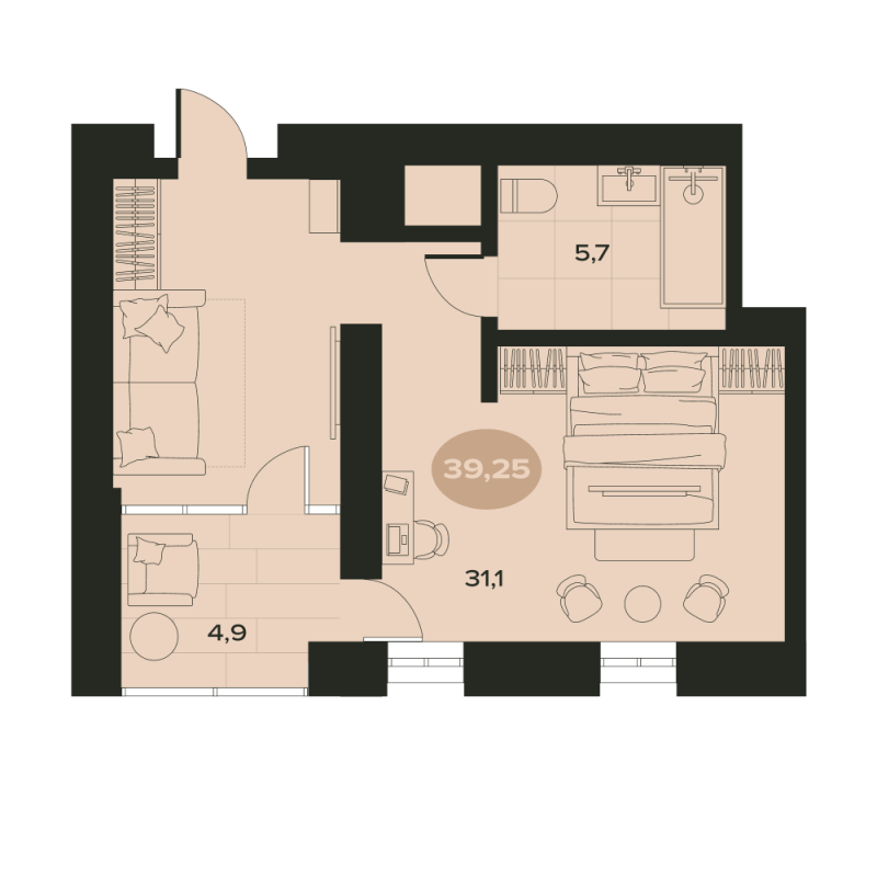 2-комнатная квартира, 41.7 м² в ЖК "Место в Смолячково" - планировка, фото №1