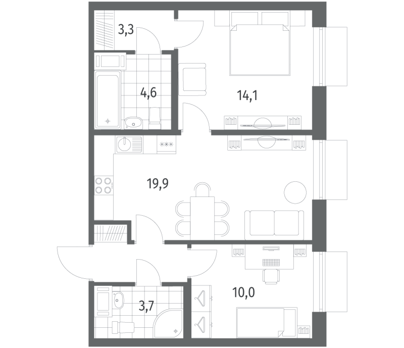 3-комнатная (Евро) квартира, 59.3 м² в ЖК "Парусная 1" - планировка, фото №1