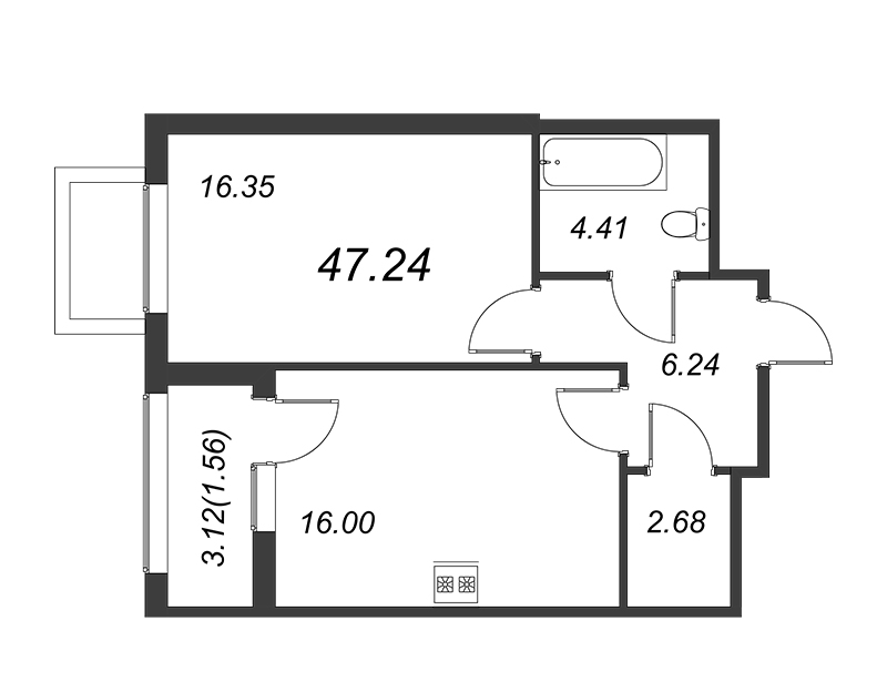 2-комнатная (Евро) квартира, 47.5 м² - планировка, фото №1