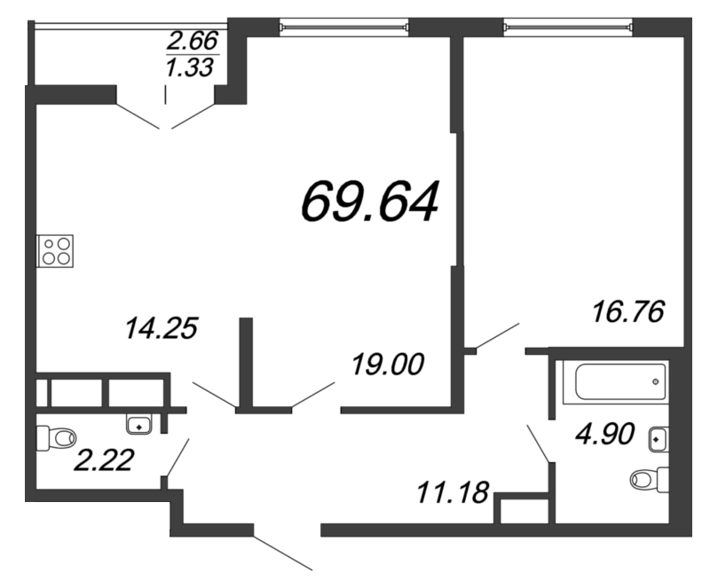 2-комнатная квартира, 70.4 м² - планировка, фото №1