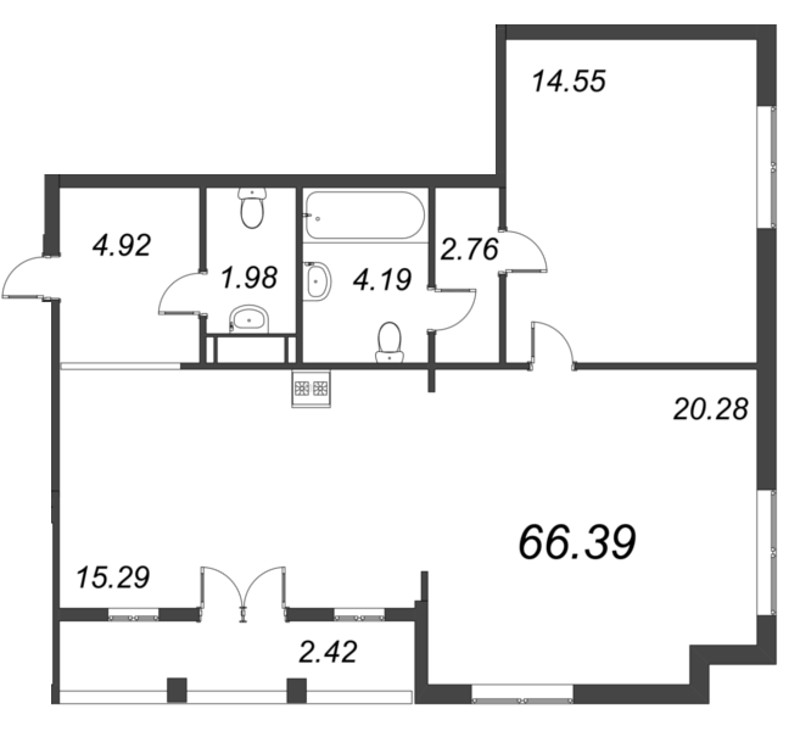 2-комнатная квартира, 66.39 м² - планировка, фото №1