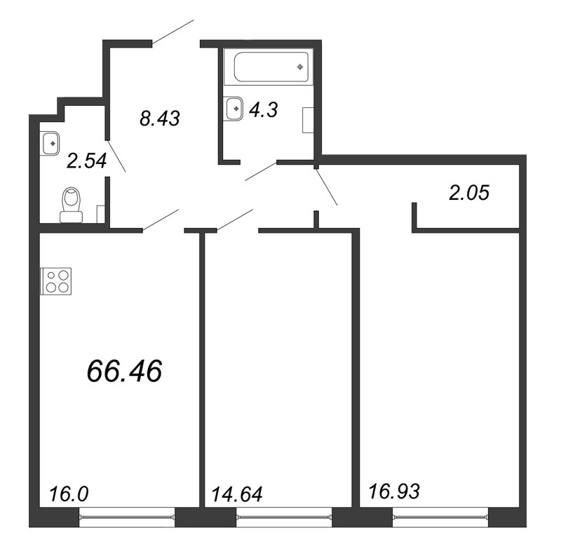 3-комнатная (Евро) квартира, 66.46 м² - планировка, фото №1